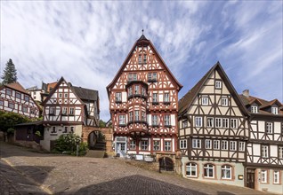 Miltenberg market square with magnificent half-timbered houses, Schnatterloch. The ensemble is one