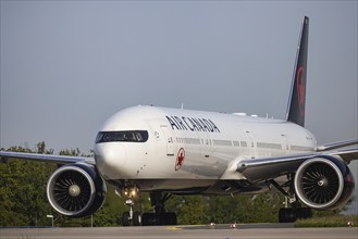 Aircraft at Fraport Airport shortly after landing. Boeing 777 of the airline Air Canada. Frankfurt