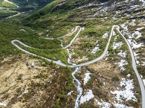 Serpentines of the Gaularfjell mountain crossing, aerial view, national tourist route north of