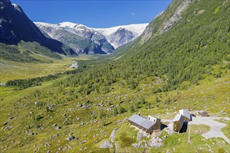 Aerial view of tourist cabin Tungestølen at the glacier Jostedalsbreen, valley Langedalen in the