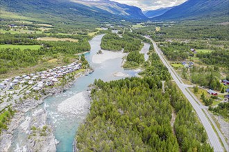 Aerial view of Donfoss waterfall and Donfoss campsite, river Otta, Norway, Europe