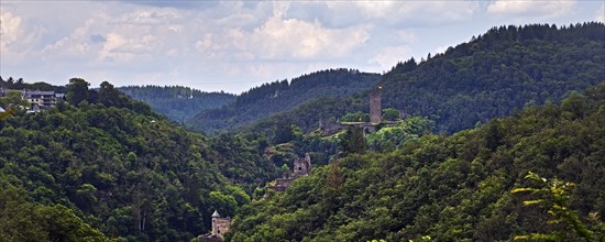 Panoramic view of the two castles, Oberburg and Niederburg of Manderscheid, Southern Eifel, Eifel,