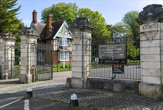 Old College Gate entrance and College Lodge, Dulwich Park, London, England, UK