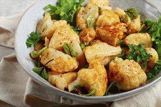 Fried cauliflower salad, with spices and herbs, homemade, no people