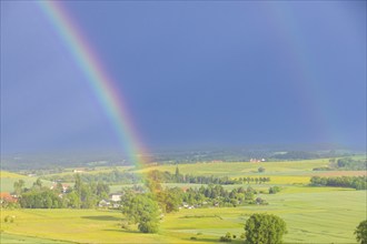 Thunderstorm cell with rainbow over fields near Krebs in the Osterzgebirge, Krebs, Saxony, Germany,