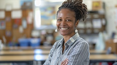 Proud smiling african american female teacher standing in her classroom. generative AI, AI