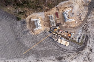 Aerial view of construction site, new bridge is build as part of bypass road, Celle, Germany,