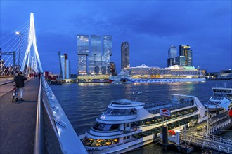 Rotterdam, skyline at the Nieuwe Maas, Erasmus Bridge, skyscrapers at the Kop van Zuid district,