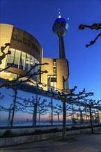 Rhine Tower, evening, state parliament building, North Rhine-Westphalia state parliament, sunset