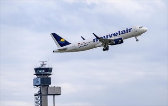 Nouvelair Tunisie, Airbus A320-200, TS-ING, on take-off at Düsseldorf International Airport, air