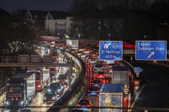 Evening traffic jam on the A40 motorway, Essen-Huttrop junction, traffic jam in both directions,