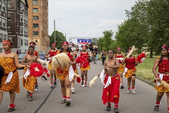 Detroit, Michigan, 19 June 2024, An African dance troupe in a Juneteenth parade from Northwestern