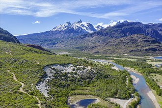 Aerial view over river Rio Tranquilo to mountain range of San Lorenzo, south of Cochrane, road