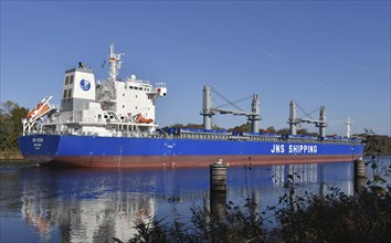 The new cargo ship, Bulk Carrier, JNS OCEAN sails for the first time in the Kiel Canal,