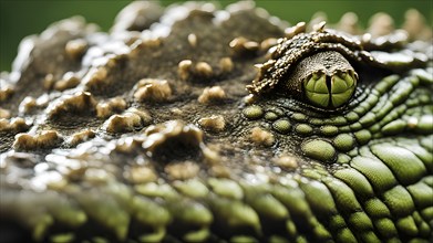 Close up on the wrinkled skin of a crocodile with intricate patterns and vibrant hues, AI generated