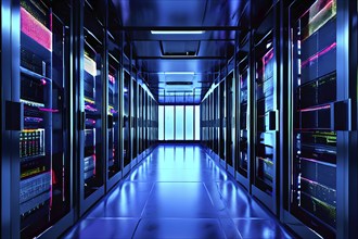 Modern server room teeming with racks of servers, AI generated