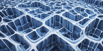 Abstract rendering of organic grid structure in a complex pattern in blue color, AI generated