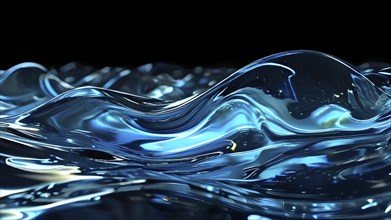 Glassy waves shimmering with vibrant reflections against a black backdrop, AI generated