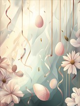 Surreal Easter scene with floating eggs, ribbons, and flowers in a dreamlike, whimsical composition