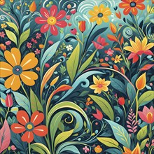 Playful, abstract illustration of a spring garden with exaggerated, colorful floral forms, and