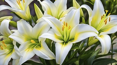 Blooming Easter lilies with soft white petals and a yellow center, bathed in gentle sunlight, AI