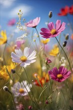 Wildflowers in a meadow, with a soft breeze slightly moving the petals, creating a serene and