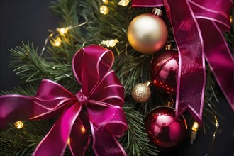 Christmas garland with gold and magenta ribbons intertwined with pine needles and tiny twinkling