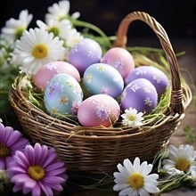 Pastel-colored Easter eggs in a wicker basket, surrounded by delicate spring flowers like daisies