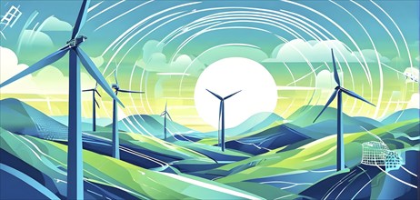 Abstract wallpaper illustration of interconnected wind turbines, represented by flowing lines and