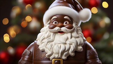 Cheerful chocolate Father Christmas in front of a Christmas background, AI-generated image, AI