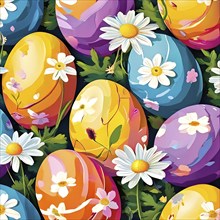 Abstract illustration of of vibrant-colored Easter eggs, surrounded by delicate spring flowers, AI