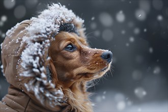 Dog'S head in winter coat in snow. Generative Ai, AI generated