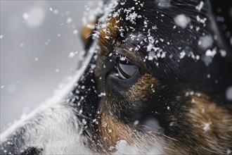 Close up of dog's face with snow. Generative Ai, AI generated