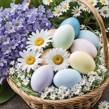 Pastel-colored Easter eggs in a wicker basket, surrounded by delicate spring flower, AI generated