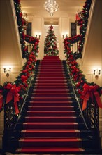 Elegant Christmas holiday staircase lined with garlands, red ribbons, and glowing lanterns, leading