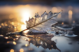 Delicate leaf resting on the surface of a frozen puddle, with intricate ice crystals forming