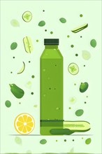 Abstract wallpaper composition with bottle of delicious green detox juice and fruits and