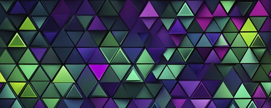 Illustration of abstract art composed of overlapping triangles in green and purple colors, AI