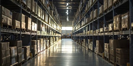 Distribution warehouse with cardboard boxes neatly stacked on pallets, AI generated