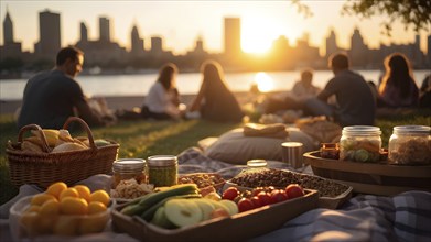 Picnic scene with healthy food and snacks in a urban scenery with skyline in background, AI