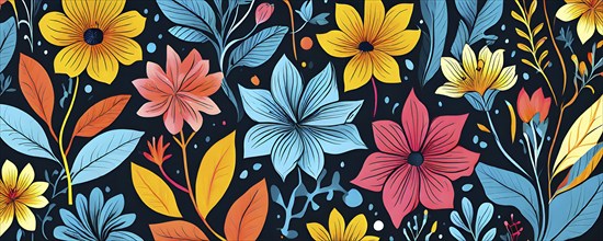 Botanical doodle background illustration with flower and leaves in abstract shapes, AI generated