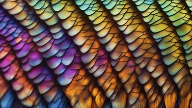 Vibrant butterfly wing with iridescent scales and network of veins, AI generated