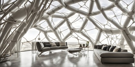 Modern building design with a network of interconnected shapes inspired by the structure of spider