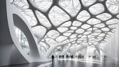 Modern building design with a network of interconnected shapes inspired by the structure of spider