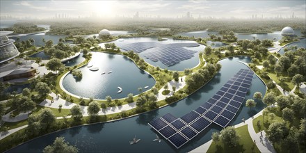 3d rendering of a sustainable engaged waterfront development with floating solar panels, AI