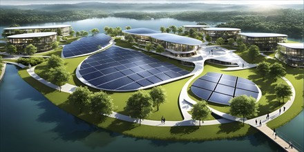 3d rendering of a sustainable engaged waterfront development with floating solar panels, AI