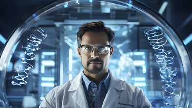 Scientist in a laboratory wearing protective eyeglasses, AI generated