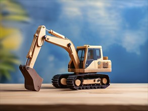 Vintage wooden excavator toy with a playful design in front of blurred background, AI generated