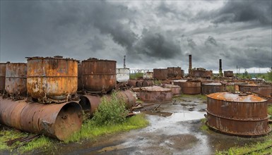 Rusty tanks and metal parts on an abandoned junkyard with puddles and clouds, symbol photo, AI