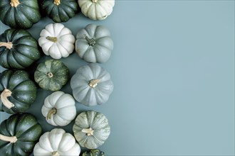 Top view of white and green pumpkins on light blue background with copy space. Generative Ai, AI